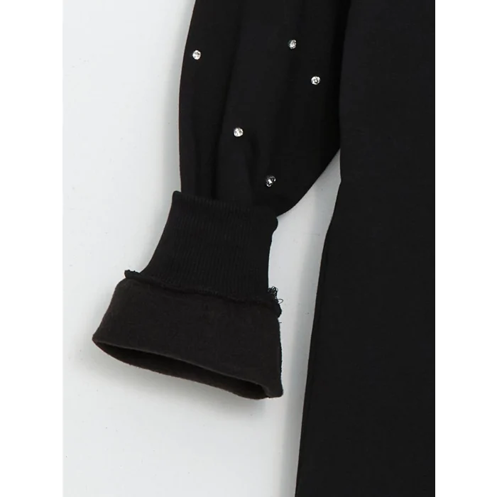 LCW Modest Siyah Bisiklet Yaka Parlak Taşlı Kadın Kalın Sweatshirt Tunik