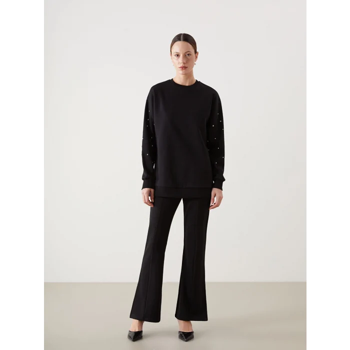 LCW Modest Siyah Bisiklet Yaka Parlak Taşlı Kadın Kalın Sweatshirt Tunik