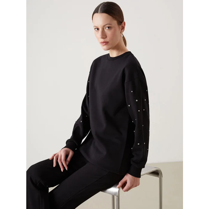 LCW Modest Siyah Bisiklet Yaka Parlak Taşlı Kadın Kalın Sweatshirt Tunik