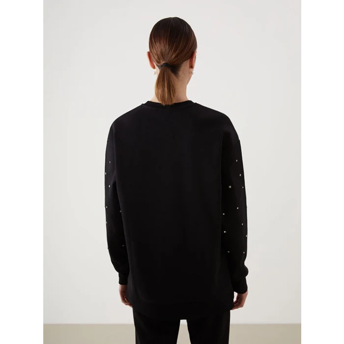 LCW Modest Siyah Bisiklet Yaka Parlak Taşlı Kadın Kalın Sweatshirt Tunik