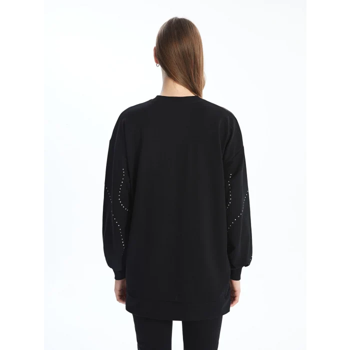 LCW Modest Siyah Bisiklet Yaka Parlak Taşlı Oversize Kadın Sweatshirt Tunik