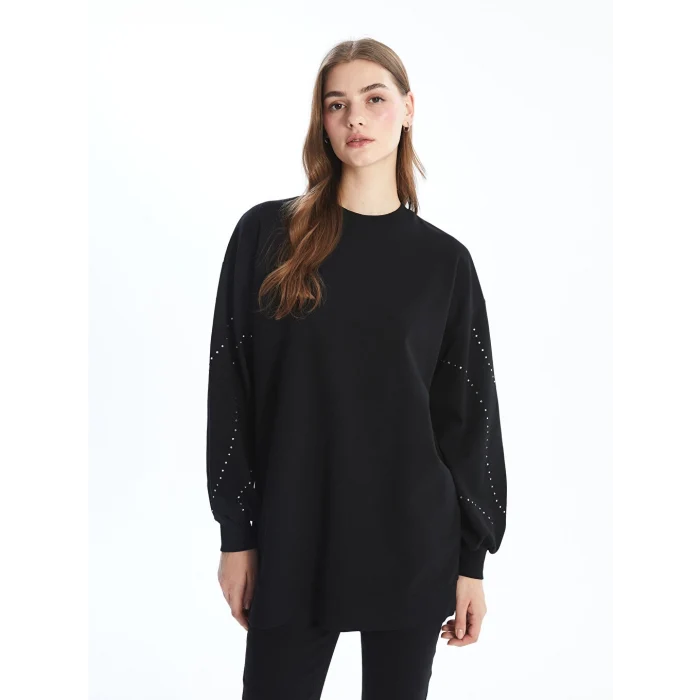 LCW Modest Siyah Bisiklet Yaka Parlak Taşlı Oversize Kadın Sweatshirt Tunik