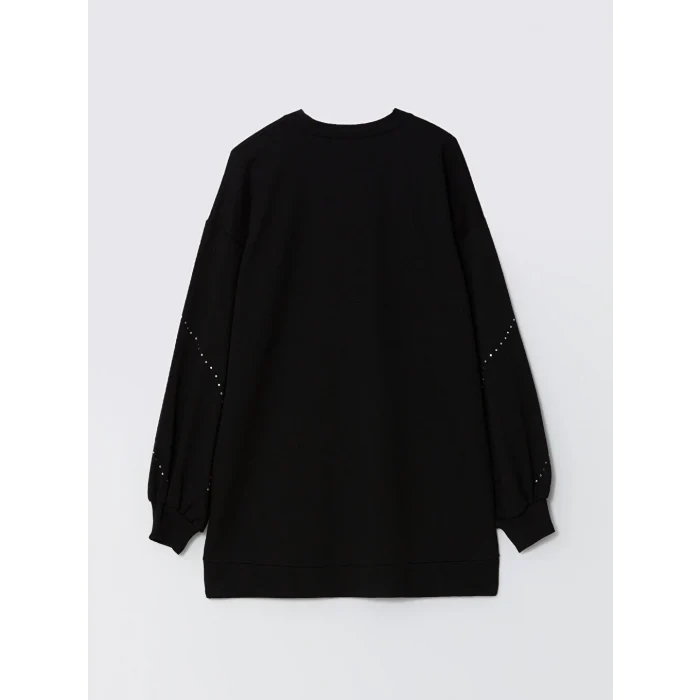 LCW Modest Siyah Bisiklet Yaka Parlak Taşlı Oversize Kadın Sweatshirt Tunik
