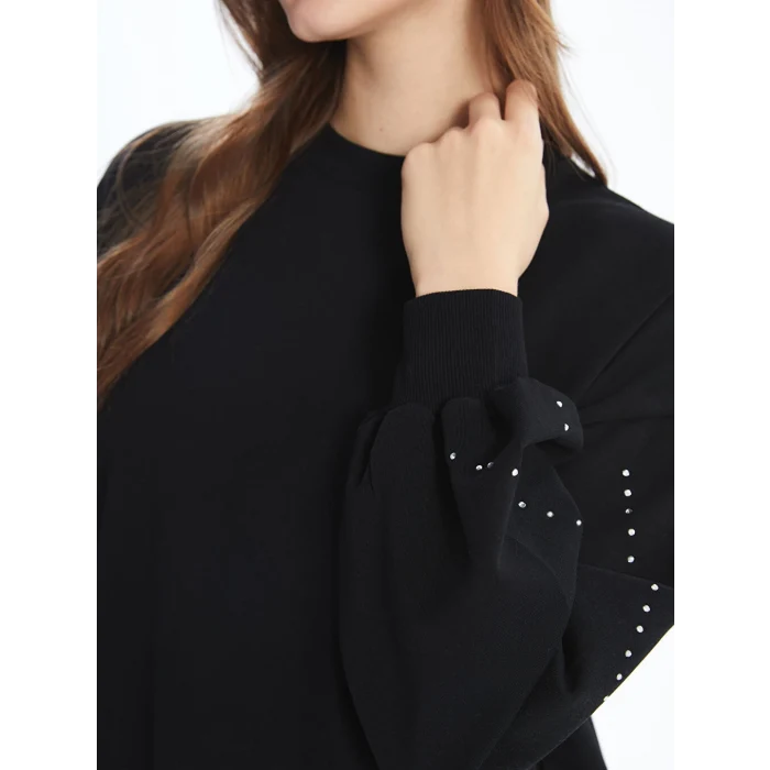 LCW Modest Siyah Bisiklet Yaka Parlak Taşlı Oversize Kadın Sweatshirt Tunik
