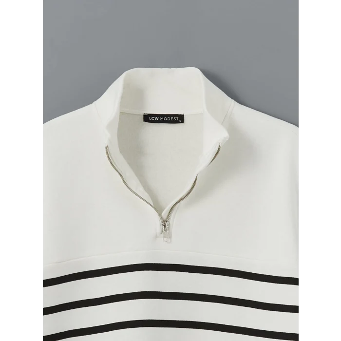 LCW Modest Siyah Dik Yaka Çizgili Kadın Sweatshirt Tunik