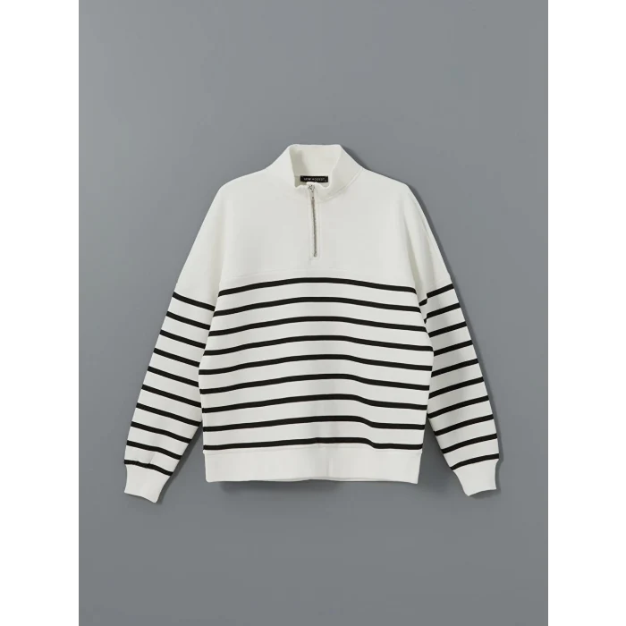 LCW Modest Siyah Dik Yaka Çizgili Kadın Sweatshirt Tunik