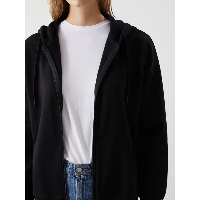 LCW Modest Siyah Kapüşonlu Oversize Kadın Fermuarlı Sweatshirt