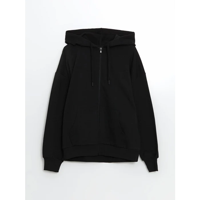 LCW Modest Siyah Kapüşonlu Oversize Kadın Fermuarlı Sweatshirt