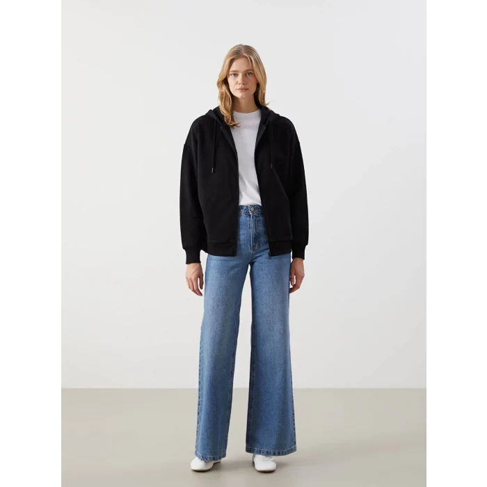 LCW Modest Siyah Kapüşonlu Oversize Kadın Fermuarlı Sweatshirt