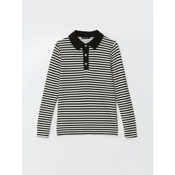 LCW Modest Siyah Polo Yaka Çizgili Kadın Body