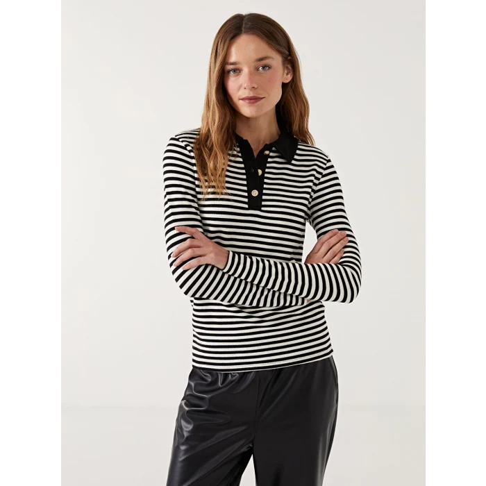 LCW Modest Siyah Polo Yaka Çizgili Kadın Body
