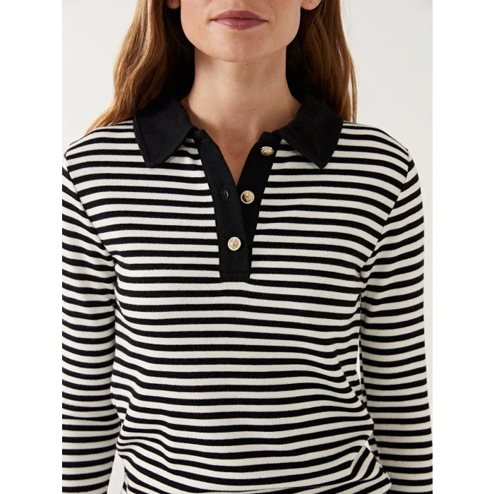 LCW Modest Siyah Polo Yaka Çizgili Kadın Body