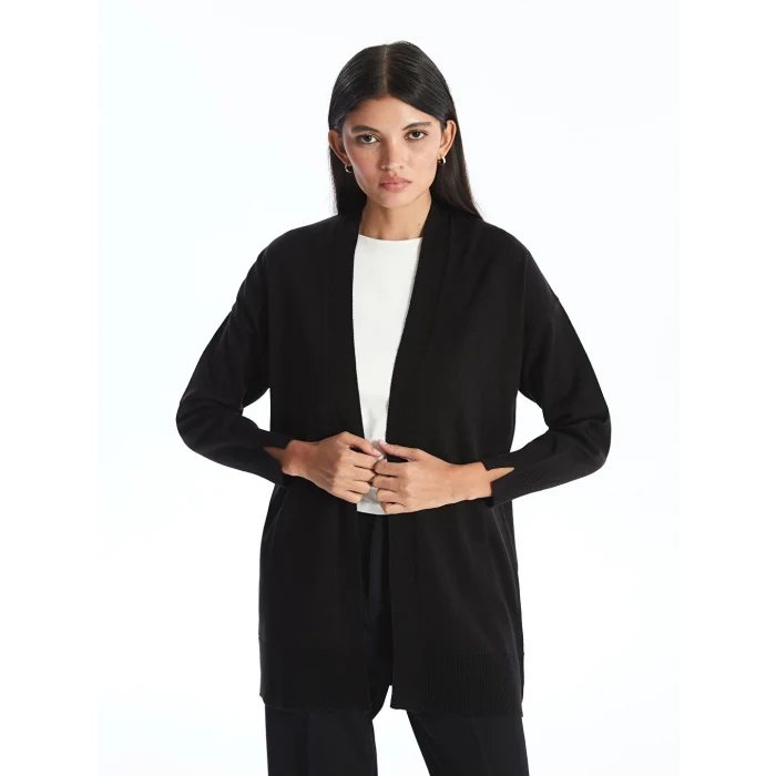 LCW Modest Siyah Şal Yaka Düz Uzun Kollu Kadın Triko Hırka