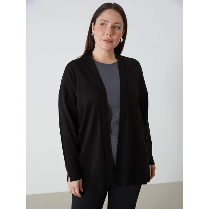 LCW Modest Siyah Şal Yaka Düz Uzun Kollu Kadın Triko Hırka