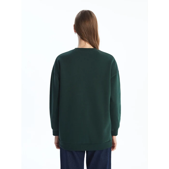 LCW Modest Yeşil Bisiklet Yaka Baskılı Oversize Kadın Sweatshirt Tunik