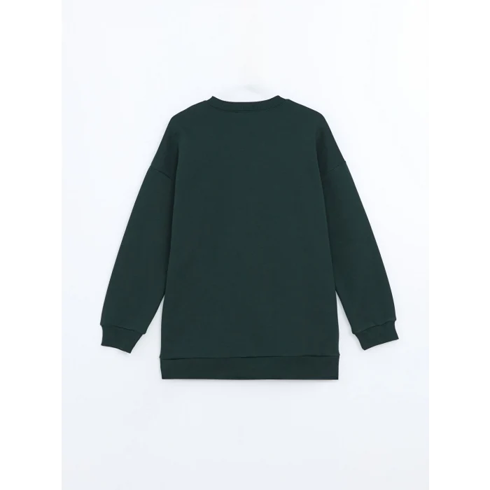 LCW Modest Yeşil Bisiklet Yaka Baskılı Oversize Kadın Sweatshirt Tunik