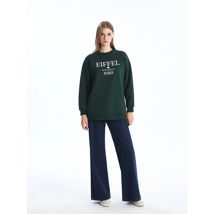 LCW Modest Yeşil Bisiklet Yaka Baskılı Oversize Kadın Sweatshirt Tunik