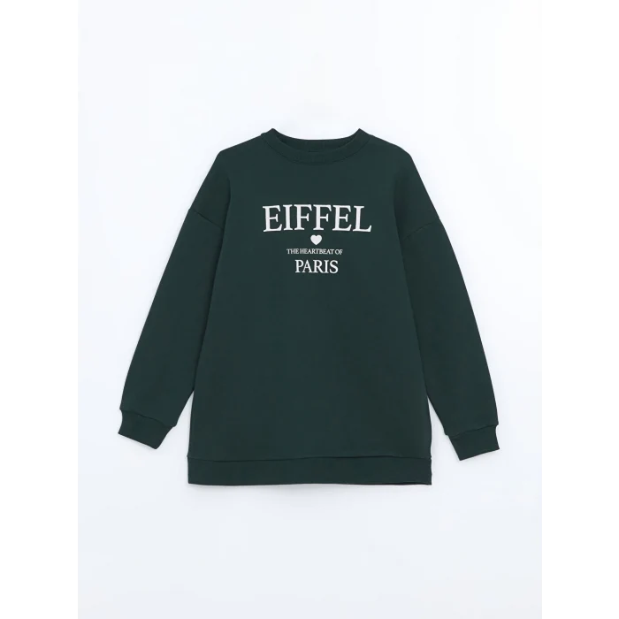 LCW Modest Yeşil Bisiklet Yaka Baskılı Oversize Kadın Sweatshirt Tunik