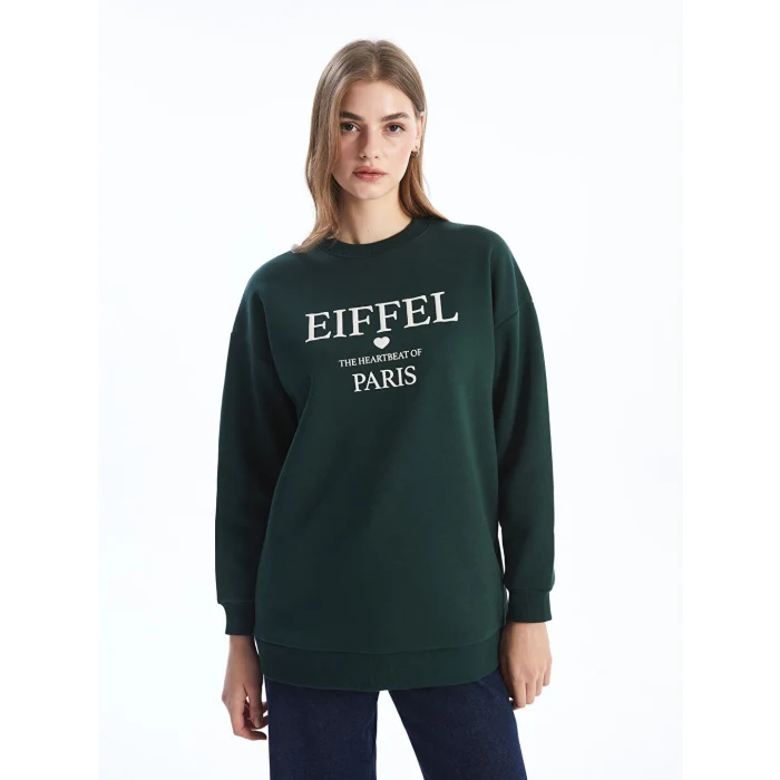 LCW Modest Yeşil Bisiklet Yaka Baskılı Oversize Kadın Sweatshirt Tunik