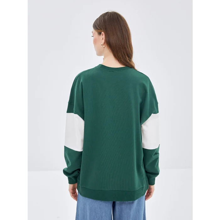 LCW Modest Yeşil Bisiklet Yaka Nakışlı Kadın Sweatshirt Tunik