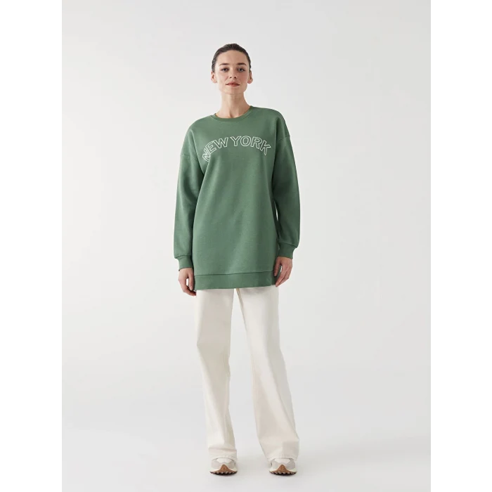 LCW Modest Yeşil Bisiklet Yaka New York Baskılı Kadın Kalın Sweatshirt Tunik