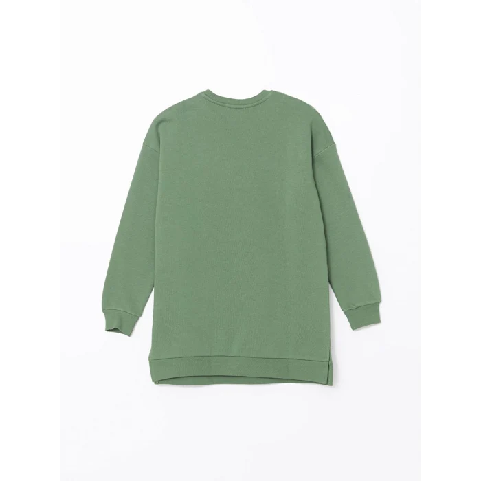 LCW Modest Yeşil Bisiklet Yaka New York Baskılı Kadın Kalın Sweatshirt Tunik