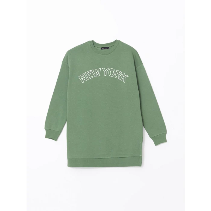 LCW Modest Yeşil Bisiklet Yaka New York Baskılı Kadın Kalın Sweatshirt Tunik