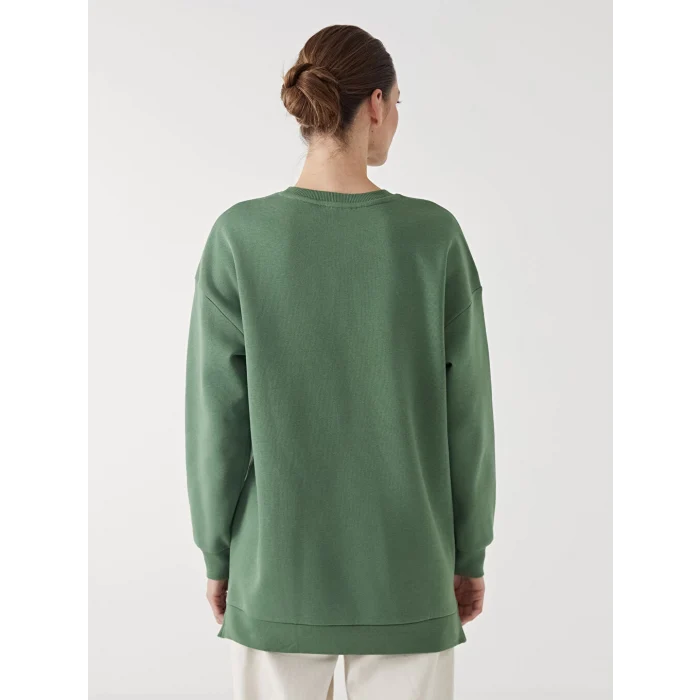 LCW Modest Yeşil Bisiklet Yaka New York Baskılı Kadın Kalın Sweatshirt Tunik