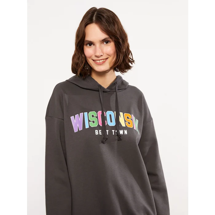 LCW Vision Antrasit Kapüşonlu Baskılı Uzun Kollu Kadın Sweatshirt