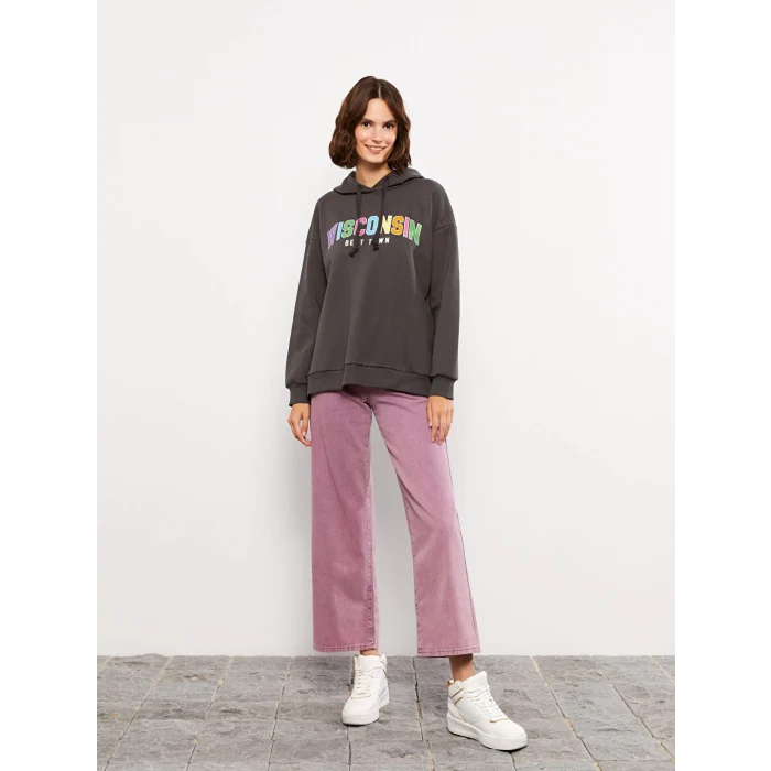 LCW Vision Antrasit Kapüşonlu Baskılı Uzun Kollu Kadın Sweatshirt