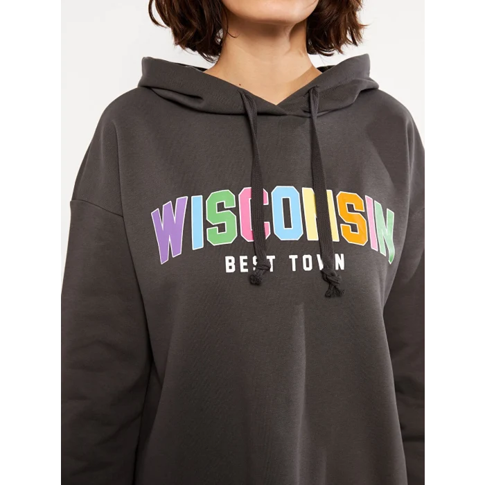 LCW Vision Antrasit Kapüşonlu Baskılı Uzun Kollu Kadın Sweatshirt