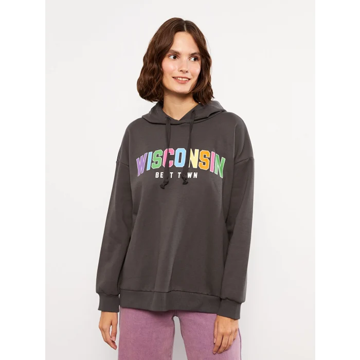 LCW Vision Antrasit Kapüşonlu Baskılı Uzun Kollu Kadın Sweatshirt