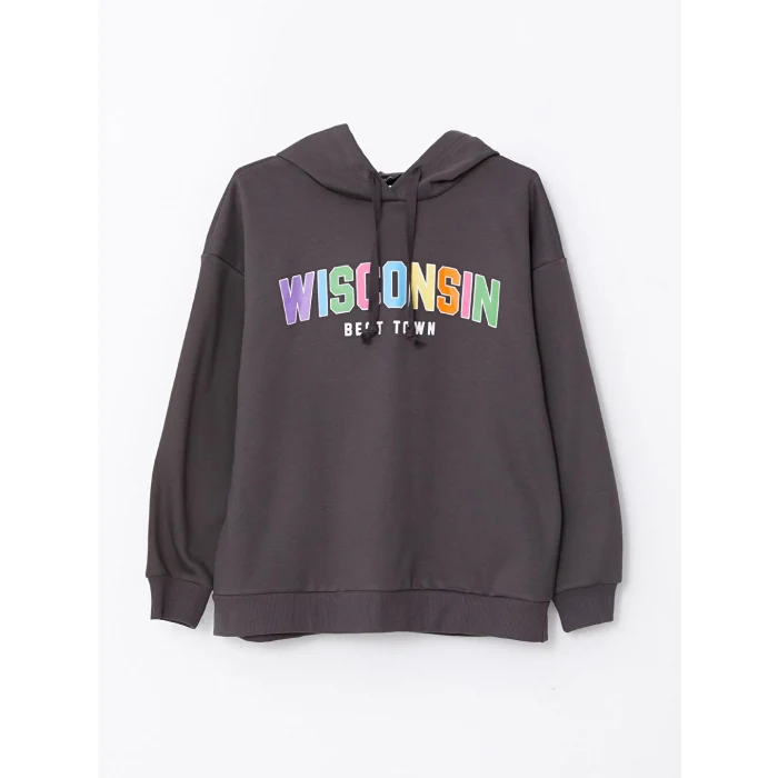 LCW Vision Antrasit Kapüşonlu Baskılı Uzun Kollu Kadın Sweatshirt