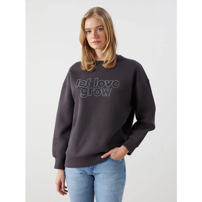 LCW Vision Antrasit Taşlı Oversize Kadın Kalın Sweatshirt