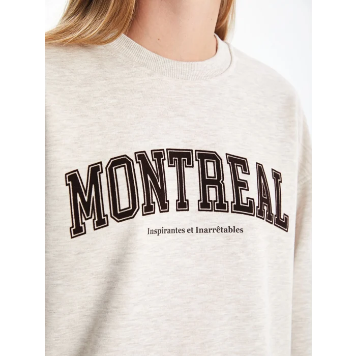 LCW Vision Bej Bisiklet Yaka Baskılı Oversize Kadın Kalın Sweatshirt