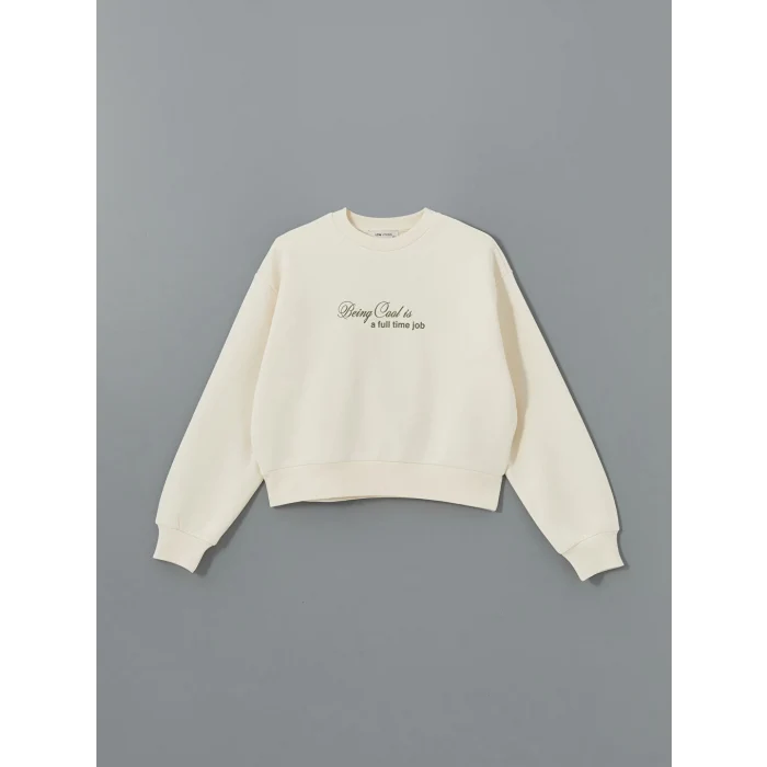 LCW Vision Bej Bisiklet Yaka Baskılı Oversize Kadın Kalın Sweatshirt