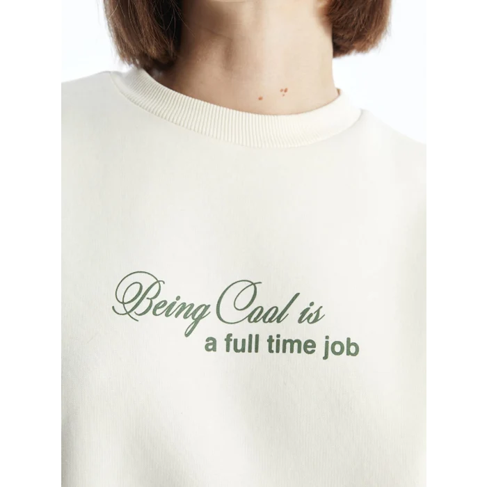 LCW Vision Bej Bisiklet Yaka Baskılı Oversize Kadın Kalın Sweatshirt