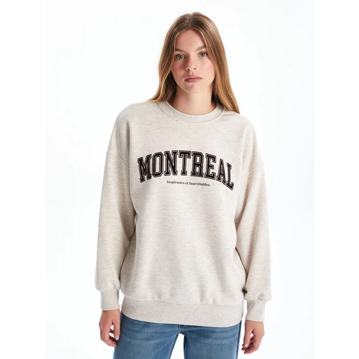 LCW Vision Bej Bisiklet Yaka Baskılı Oversize Kadın Kalın Sweatshirt