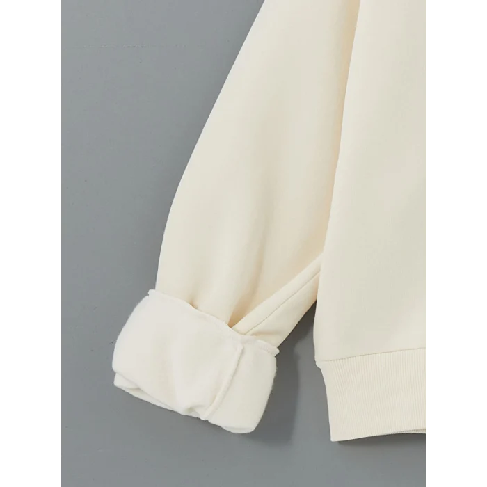 LCW Vision Bej Bisiklet Yaka Baskılı Oversize Kadın Kalın Sweatshirt