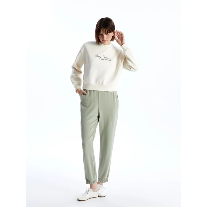 LCW Vision Bej Bisiklet Yaka Baskılı Oversize Kadın Kalın Sweatshirt