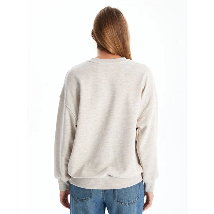 LCW Vision Bej Bisiklet Yaka Baskılı Oversize Kadın Kalın Sweatshirt