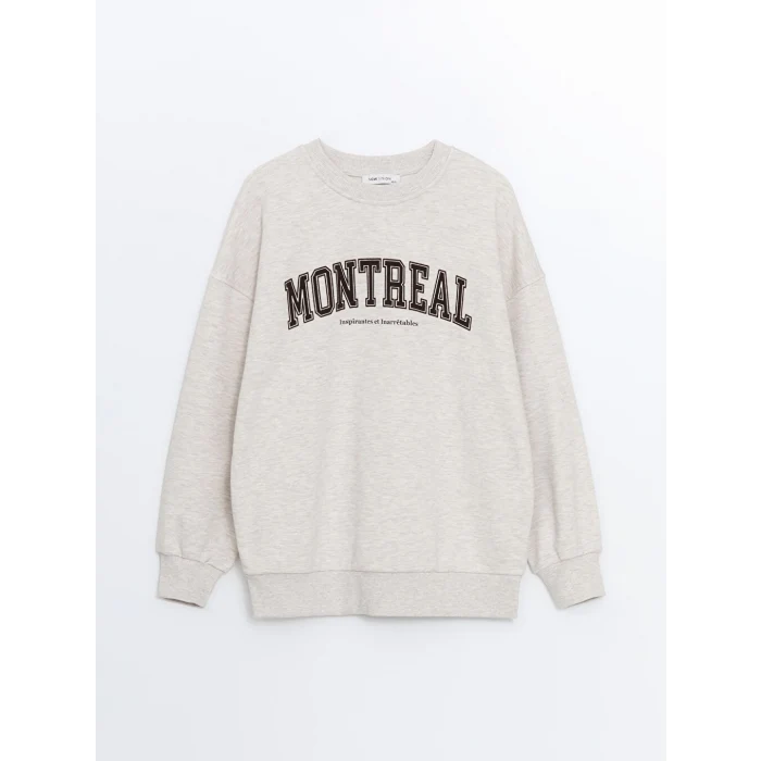 LCW Vision Bej Bisiklet Yaka Baskılı Oversize Kadın Kalın Sweatshirt