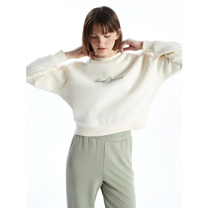 LCW Vision Bej Bisiklet Yaka Baskılı Oversize Kadın Kalın Sweatshirt
