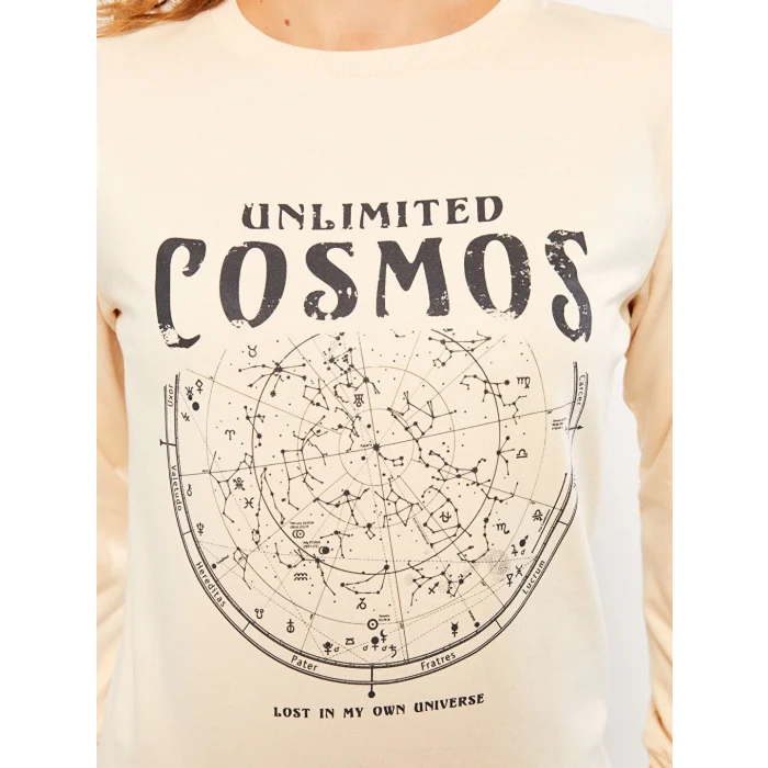 LCW Vision Bej Bisiklet Yaka Baskılı Uzun Kollu Kadın Sweatshirt