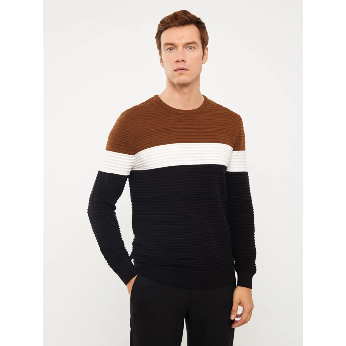 LCW Vision Bej Bisiklet Yaka Uzun Kollu Renk Bloklu Erkek Triko Kazak