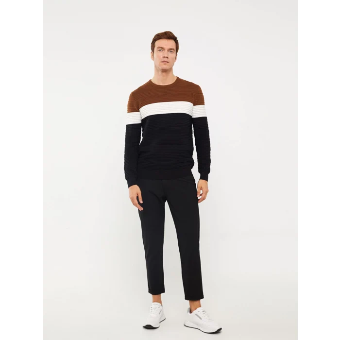 LCW Vision Bej Bisiklet Yaka Uzun Kollu Renk Bloklu Erkek Triko Kazak