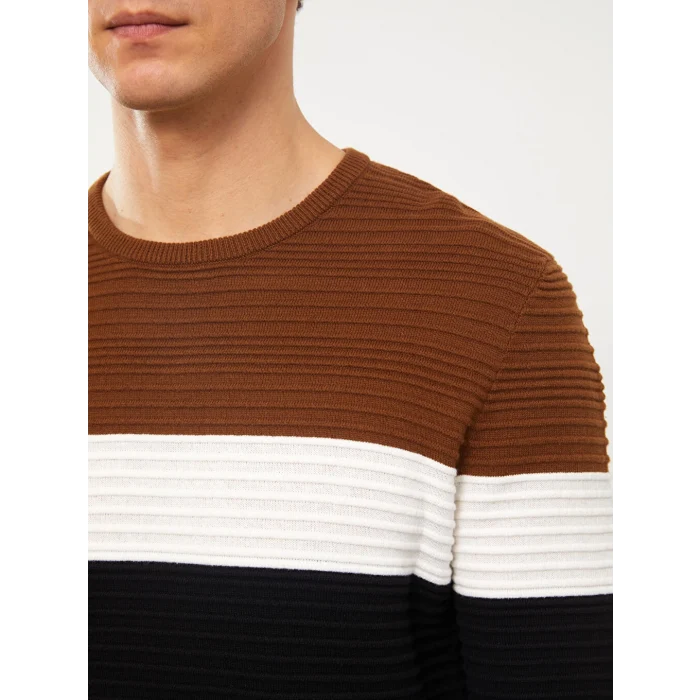 LCW Vision Bej Bisiklet Yaka Uzun Kollu Renk Bloklu Erkek Triko Kazak