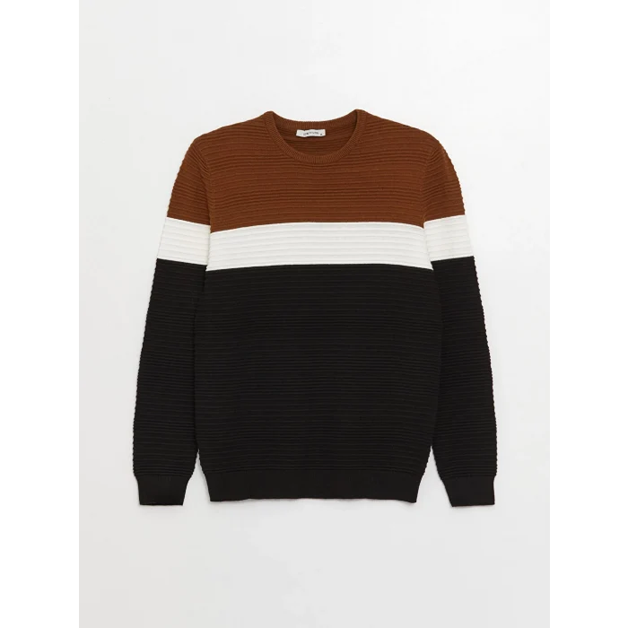 LCW Vision Bej Bisiklet Yaka Uzun Kollu Renk Bloklu Erkek Triko Kazak