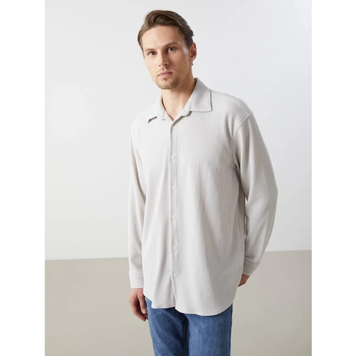 LCW Vision Bej Rahat Kalıp Uzun Kollu Erkek Dokulu Gömlek