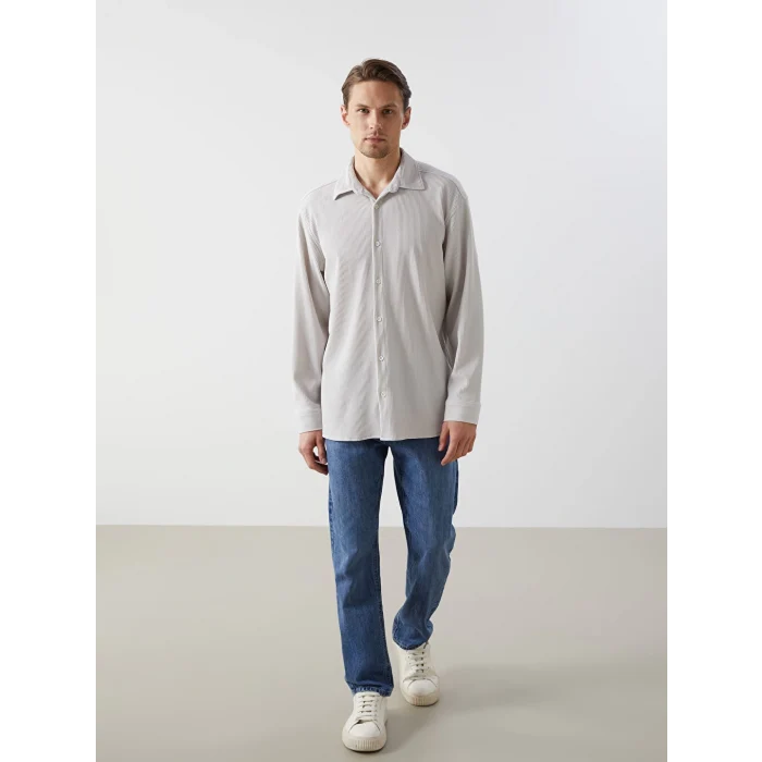 LCW Vision Bej Rahat Kalıp Uzun Kollu Erkek Dokulu Gömlek